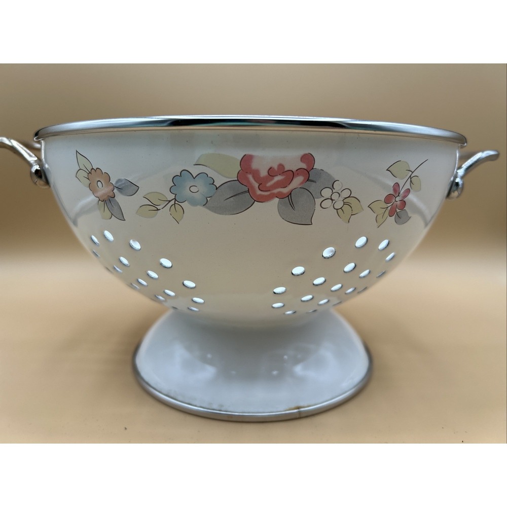 Vintage Enamel Colander Pedestal Footed Metal Strainer White W/ Flowers 9" Diam